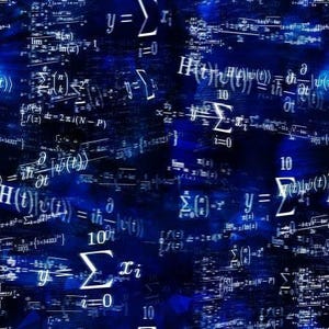 May include: A dark blue background featuring a repeating pattern of white mathematical formulas and equations, including summation symbols, integrals, and variables like y, x, and t, creating a dense, layered academic visual texture.