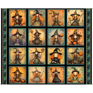 May include: A fabric panel featuring a grid of sixteen square illustrations of witches with orange hair, pointed hats, and black dresses. The scenes include pumpkins, black cats, and stars in shades of orange, black, and blue, with a decorative border.