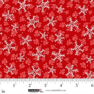 Snowflakes and Paw Prints on Red  Fabric / Winter Christmas Fabric, Yardage, Fat Quarters Material