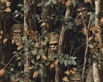 Bigfoot Fabric, Peekaboo Bigfoot I Believe in Bigfoot Legendary Loner Fabric by 3 Wishes / Cotton Fabric Material by the Yard, & Fat Quarter