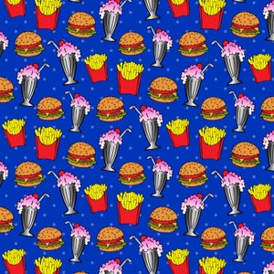 Burgers and Fries on Blue Fabric / Ice Cream Soda Burger Fabric by the yard / Food and Drink Fabric / Sykel Fabrics Yardage and Fat Quarters