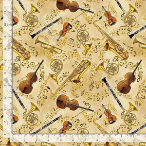 Music Fabric / Symphony Instruments on Gold w/ Metallic Fabric, Classical Music Simple Melody by Timeless Treasures Yardage & Fat Quarters