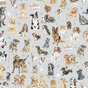 Dogs on Gray Fabric / Whiskers and Paws Nursery fabric by Hannah Dale, Maywood Studio Fabric by the yard Fabric Yardage & Fat Quarters