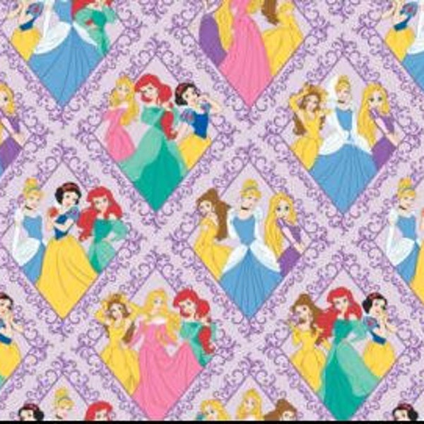 Disney Princesses in Diamonds on Purple Fabric by Camelot Fabrics  / Disney Fabric  85100103 1 /  1 Yard Cuts, 1/2 Yard Cuts