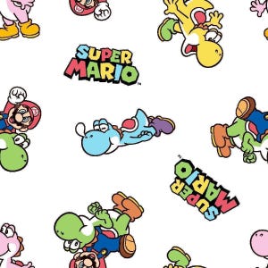 以下が含まれることがあります： 赤、黄、緑のスーパーマリオのロゴと、青、緑、ピンク、黄色の様々な色のヨッシー、そしてマリオの漫画イラストが描かれた白い生地のパターンで、すべてが繰り返されるグラフィックデザインで配置されています。
