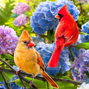 Cardinals and Hydrangea Panel Birds & Flowers Collection Quilting Fabric Panel Digital 36'x43" by David Textiles
