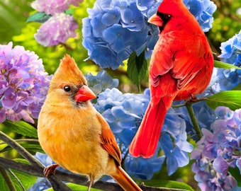 Cardinals and Hydrangea Panel Birds & Flowers Collection Quilting Fabric Panel Digital 36'x43" by David Textiles