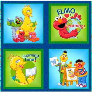 Sesame Street Characters in Squares 36x43 Cotton Fabric Panel / Sesame Street Character Block Panel  Juvenile Fabric / children's quilt