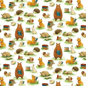 May include: A repeating pattern on a white background featuring watercolour illustrations of brown bears, foxes, squirrels, hedgehogs, and rabbits interacting with stacks of colourful books and open books while sitting on patches of green grass.