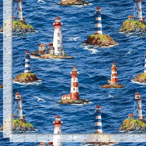 May include: A repeating pattern of lighthouses on a blue ocean background. The lighthouses vary in design, with red and white stripes, blue and white stripes, and solid white. Seagulls are scattered throughout the scene.
