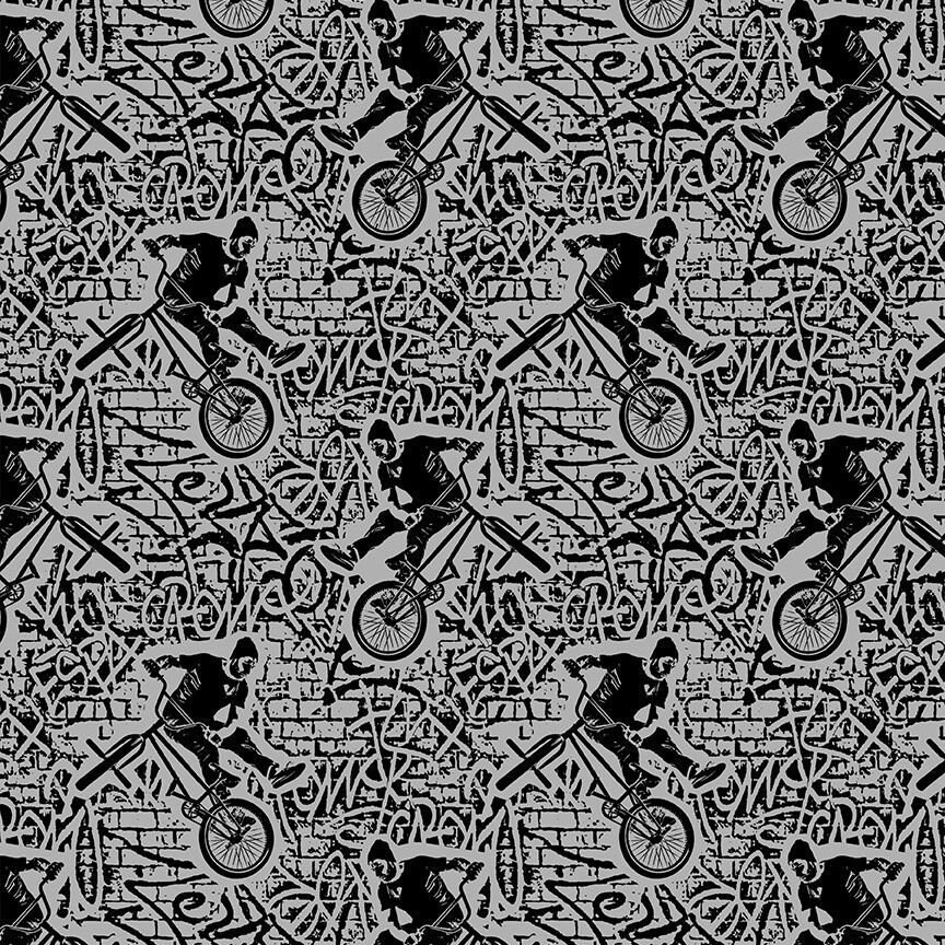 Bike Fabric / Skate Forever Bicycle Acrobat on Gray Fabric By The Yard / TTFABRIC Skateboarding Fabric Fat Quarter and Yardage