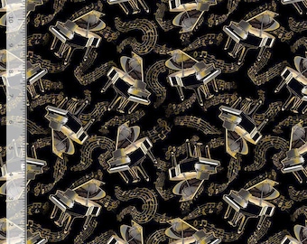 May include: A black fabric featuring a repeating pattern of grand pianos and gold musical notes. A white ruler along the left and bottom edges shows measurements in inches, with the fabric width spanning approximately 11 inches.