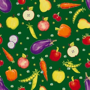 Allover Veggie Toss Fabric / Happy Valley Farm Vegetables on Green Fabric from Henry Glass Fabric Yardage and Fat Quarters Available