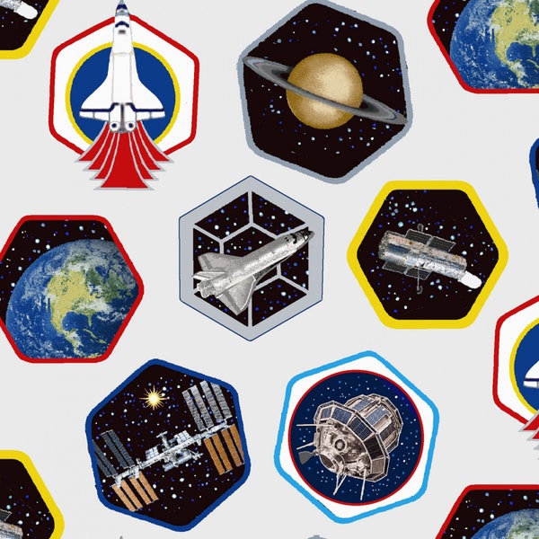 Outer Space NASA Patches Fabric by the yard / Planetary Missions by Studioe, Space Fabric Yardage and Fat Quarters Available