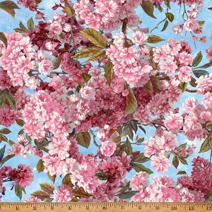 Cherry Blossom Fabric / Hoffman Cherry Blossoms on Trees Sakura Blossoms  Fabric by the yard and Fat Quarters