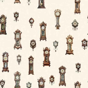 May include: A repeating pattern of antique clocks in various sizes and styles. The clocks are primarily brown and gold, with intricate details and clock faces. The background is a light beige color.