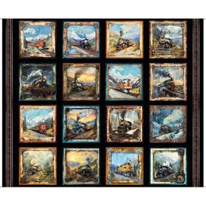 May include: A fabric panel with sixteen framed images of vintage steam trains. Each image shows a different train scene with mountains and landscapes. The panel has a black background with vertical train track borders on the sides.