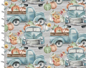 Happy Harvest Pumpkin Trucks on Gray Fabric by 3 Wishes Fabric Cotton Florals and Support Essential Basics Yardage & Fat Quarters