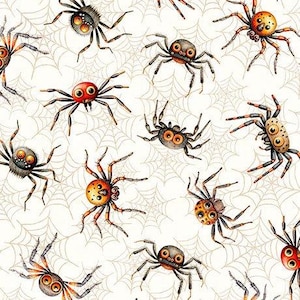 Halloween Fabric, Spiders on Cream Halloween Jeepers Creepers Collection by QT Fabrics, Halloween Yardage, and Fat Quarters are available