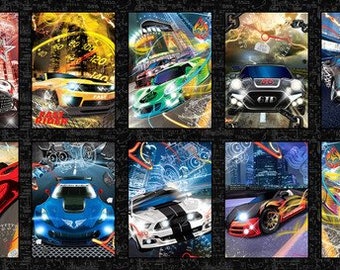 Fast and Wild Speeding Cars Block Panel Muscle Cars Block Quilt Panel by Studio-E 24x44 inches