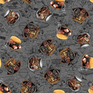 Steampunk Fabric, Steampunk Hats on Gray Fabric, Time Travel Collection by Blank Quilting Fabric Material Yardage and Fat Quarters Available