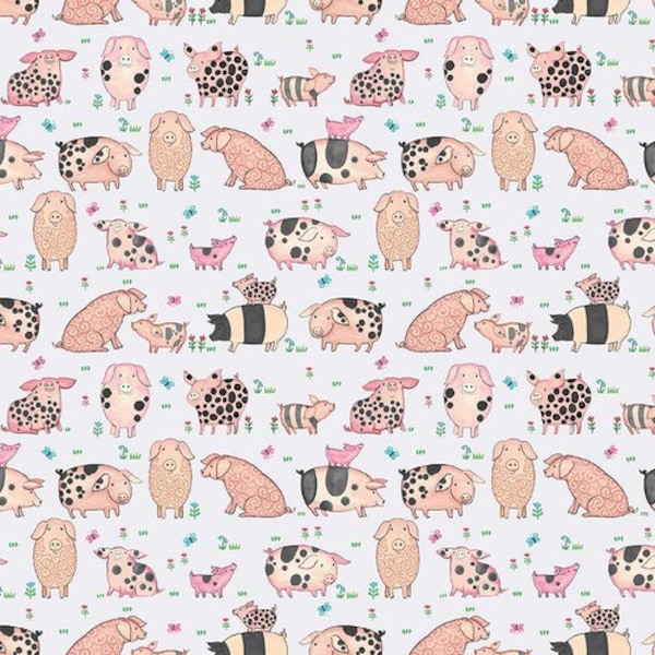 Pink Pigs and Flowers on White Fabric, Hay Day Collection by Henry Glass  / Pig Fabric Farm Life, Yardage and Fat Quarters available