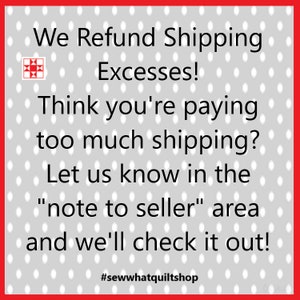 May include: A square graphic with a red border and a gray polka dot background. Text reads: "We Refund Shipping Excesses!" and "Think you're paying too much shipping?" with instructions to contact the seller.