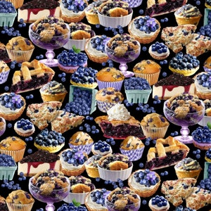 Blueberry Hill / Blueberry Delight Blueberry Treats on Black Fabric by Benartex Fabrics / Yardage & Fat Quarters Available