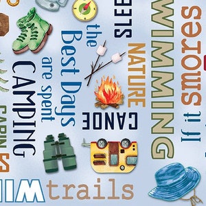 Camping Fabric, Live Love Camp Camping Words on Blue Fabric by Kanvas Studio Fabric Yardage and Fat Quarters