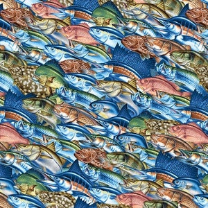 Tecido de pesca, colagem de peixes de pesca / coleção divertida de carretel da Blank Quilting Hunting Fishing Camping Yardage & Fat Quarters