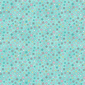May include: A light turquoise fabric featuring a repeating pattern of small gaming controller symbols including circles, triangles, crosses, and plus signs in shades of pink, yellow, white, and gray scattered across the surface.