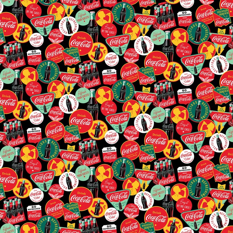 Coke Patterns Coca-cola Fabric, Motifs on Black Licensed by Northcott, Coke Drinks ...