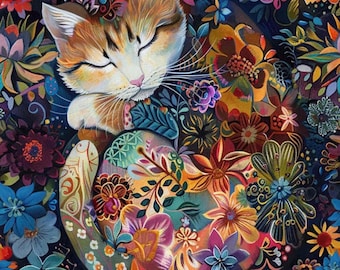Cleo Golden Bejeweled Cat Fabric Panel / Cat Panel 24