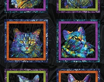 Cat Artistry on Black Fabric Panel by Benartex, 24" Fabric Panel / Cat Quilt Panel  / Cat Kitty Kitten Quilt