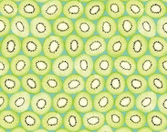 Breakfast in Bed Kiwi Slices on Teal Food Fabric by the yard, fat quarters & yardage available