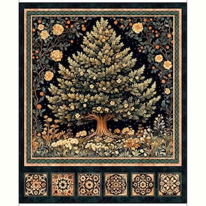 May include: A rectangular fabric panel featuring a central tree with green foliage and small yellow flowers against a dark background. The tree is surrounded by climbing vines with yellow roses and orange berries, framed by a border and six square tiles.