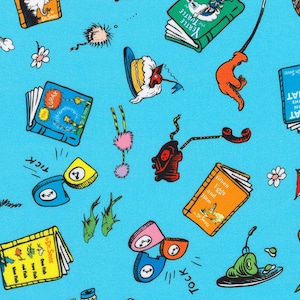 Dr. Seuss Stoff / Seuss Buch Feier auf Blau Celebrate Seuss von Robert Kaufman Kinder Baumwoll-Quiltstoff, Yardage, Fat Quarters
