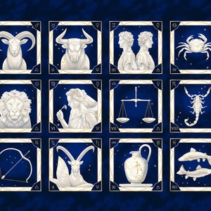 Zodiac Signs From Above by Henry Glass Fabric 36&quot; Panel Celestial Astrology Fabric Quilt Top Panel Blocks on Navy w/Metallic