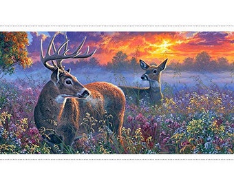 Deer Quilt Fabric Panel / New Beginnings Wild Enchantment 24" Horizontal Deer Panel Panel   /  Deer Fabric Panel