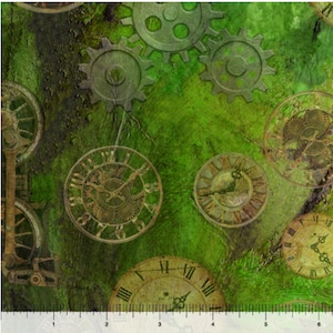 May include: Green and brown patterned fabric with a repeating design of clock faces and gears. The fabric has a distressed, vintage look.