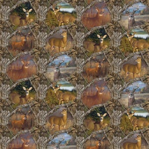 May include: A repeating pattern featuring images of deer in various poses and settings. The deer are depicted in a realistic style, with brown fur and antlers. The background includes trees, fields, and water, all set within a camouflage-style border.