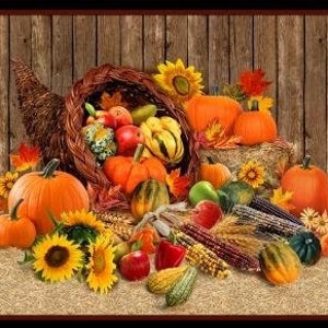 Harvest Time Cornucopia Fabric Panel by Elizabeth Studio Autumn Thanksgiving Fall 24&quot; x 43&quot; Panel by Northcott Quilting Panels