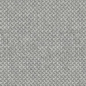 Könnte beinhalten: Nahtlose, strukturierte Metallplatte mit sich wiederholendem Rautenmuster. Die Platte hat ein graues, industrielles Aussehen mit einem leicht verwitterten Aussehen. Die erhabenen Rautenformen erzeugen eine rutschfeste Oberfläche.
