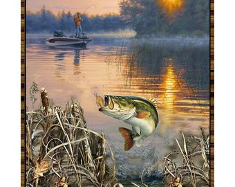 Stoffen paneel voor het vissen op baars / Realtree Bass Fishing 36" paneel van Sykel Enterprises / Quilt met dierenmotief voor het vissen op meren en zoetwater