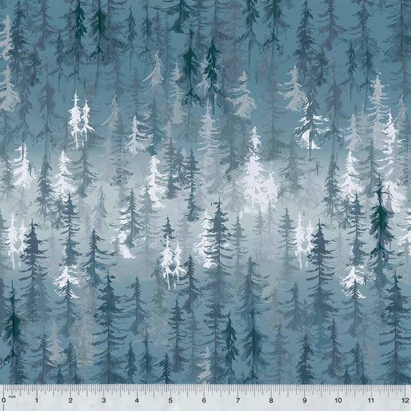 Pine Tree Landscape Fabric by the Yard, Majestic Pine Forest on Blue Fabric by Windham Fabrics Yardage and Fat Quarters Available