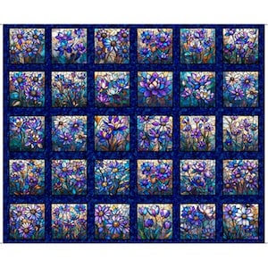 May include: A fabric panel featuring a stained-glass design of various flowers in shades of purple, blue, and white. The flowers are set against a dark blue background, creating a mosaic-like pattern. The panel is likely for quilting or crafting.