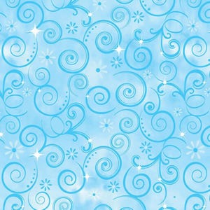 May include: A seamless pattern featuring a light blue background with swirling, stylized vines and floral elements in a darker shade of blue. White starbursts and small white flowers are scattered throughout the design.
