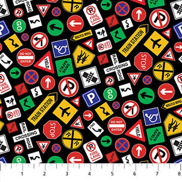 Traffic Signs on Black Fabric / Road Construction Fabric / Northcott All Around Town Collection / Fat Quarters, Yardage & By The Yard