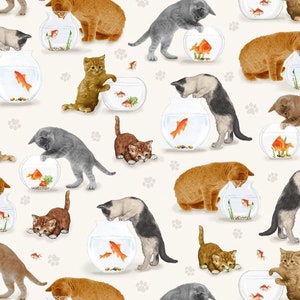 Cats and Fish Bowls on Cream Fabric / Cat Fabric from Timeless Treasures Yardage CD2063-Natural, by the yard and Fat Quarters