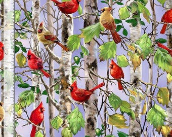 Cardinal on a Birch Tree Spring Song Fabric by the yard / Birch Tree Fabric by Timeless Treasures Landscape Yardage & Fat Quarters